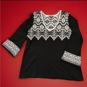 Roaman's Black and White Geometric Knit Top